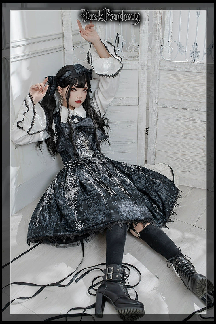 DuskProphecy - Coccyx - Elegant Lolita Dress High Waist Fishbone Print JSK Set 34722:466484