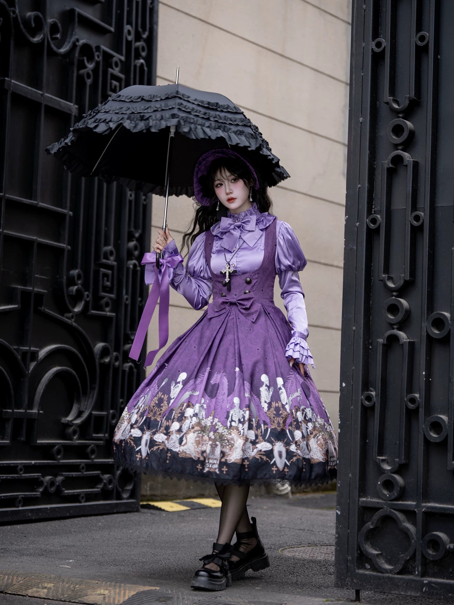 Dragon Bone Lily - Vintage Gothic Lolita Dragon & Skeleton Print JSK Dress