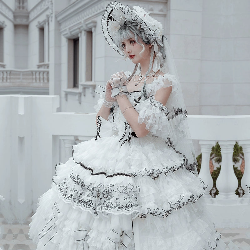 Cat Fairy - Dark Starry Night - Wedding Lolita Jumper Dress Black And White Tea Party Dress S Black and white