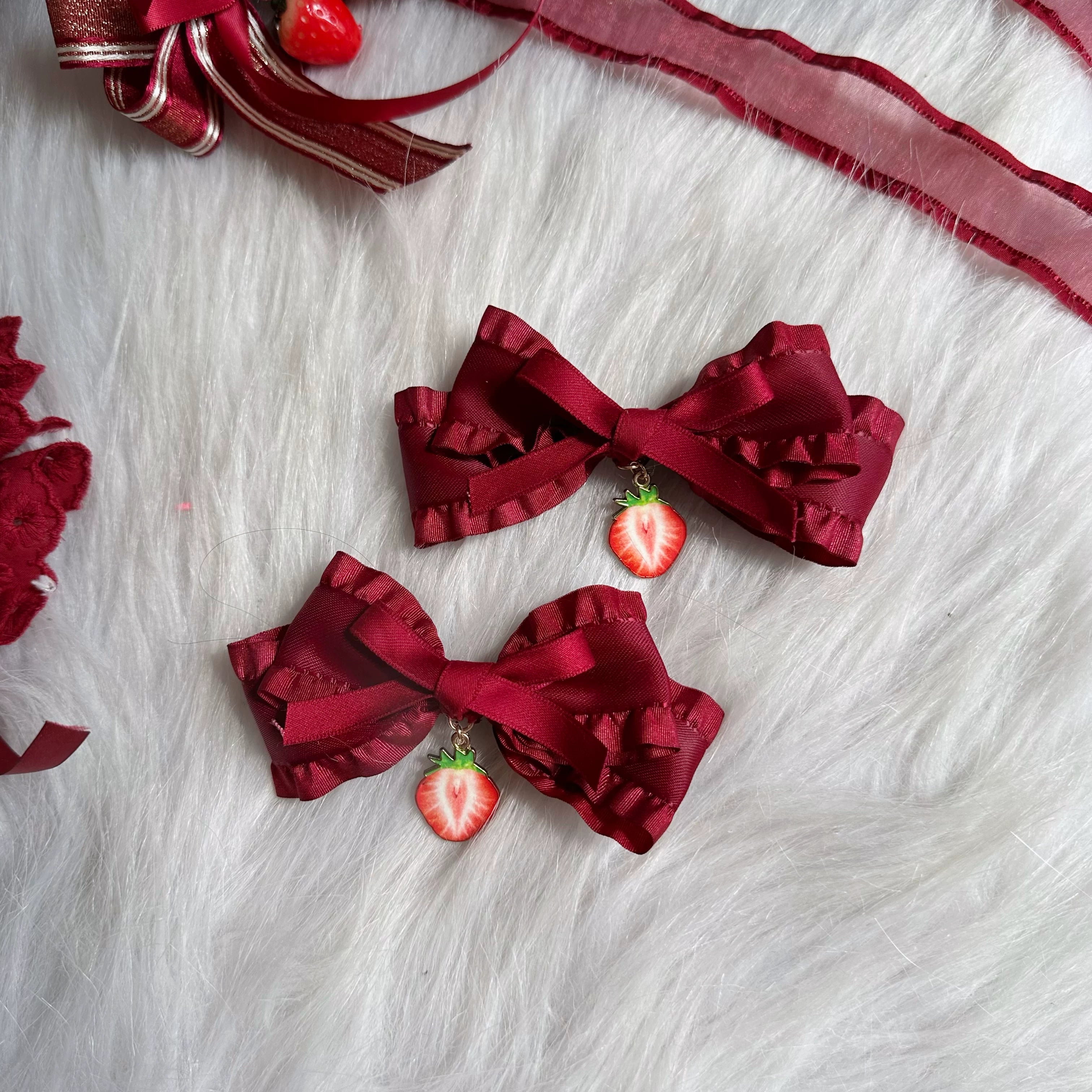 Red Sweet Lolita Headdress, Bows and Strawberry Pendants One Small Hair Clip Only