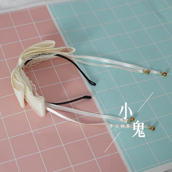 Xiaogui - Kawaii Lolita Bell KC Lace Bow Hair Accessory milk white lace bell-tassel headband