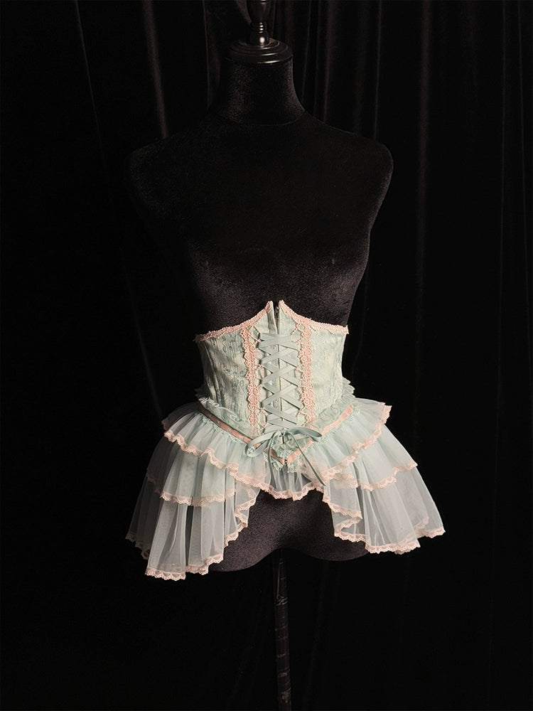 Alice Girl - Cross - Gothic Princess Lolita Corset with Multiple Layers Hem XS green-pink corset only