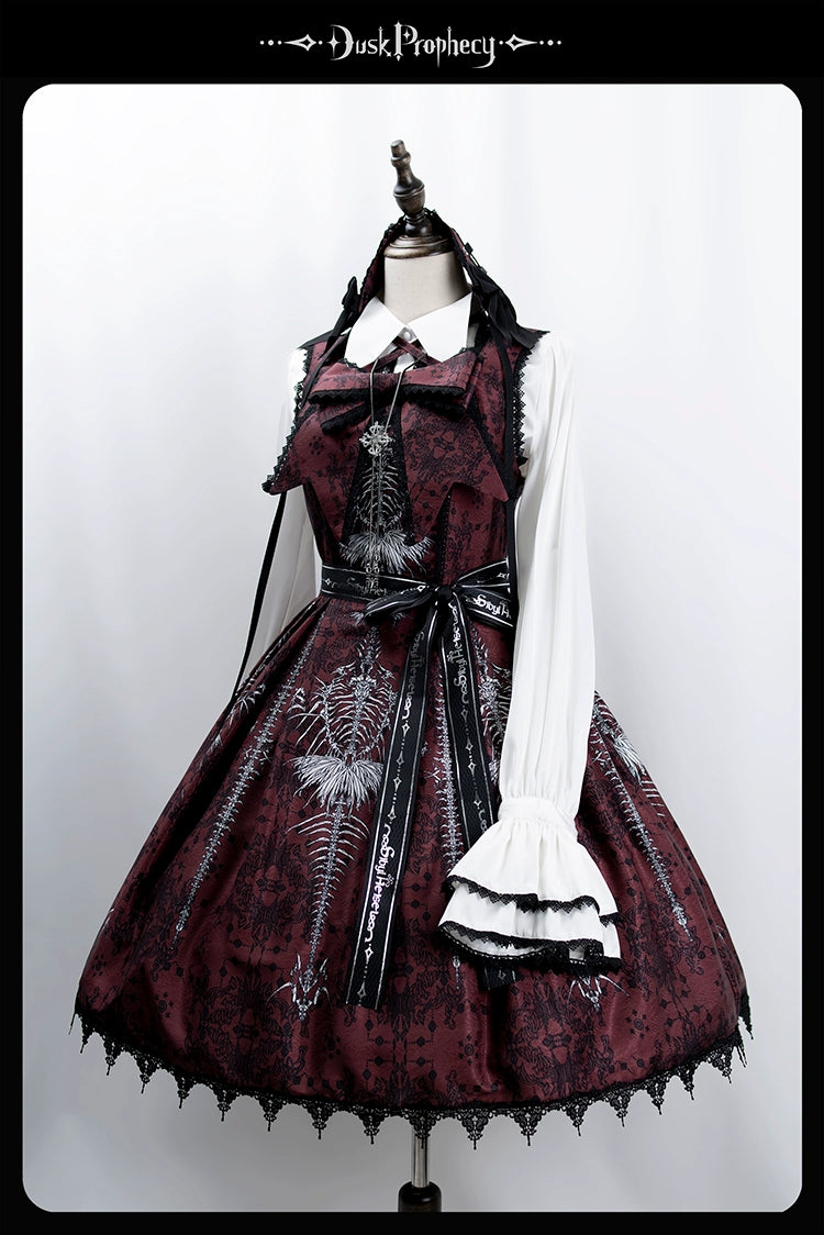 DuskProphecy - Coccyx - Elegant Lolita Dress High Waist Fishbone Print JSK Set 34722:466482