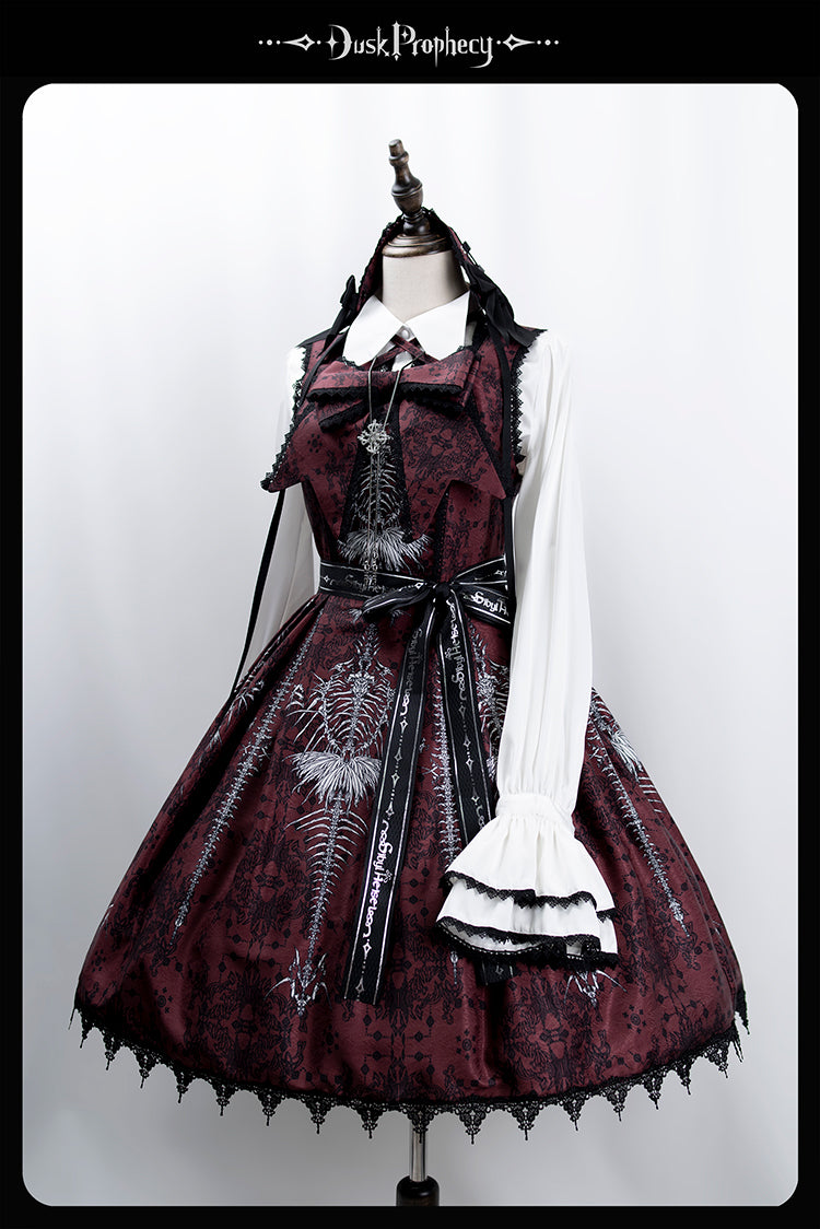 DuskProphecy - Coccyx - Elegant Lolita Dress High Waist Fishbone Print JSK Set (L M S) 34722:466610
