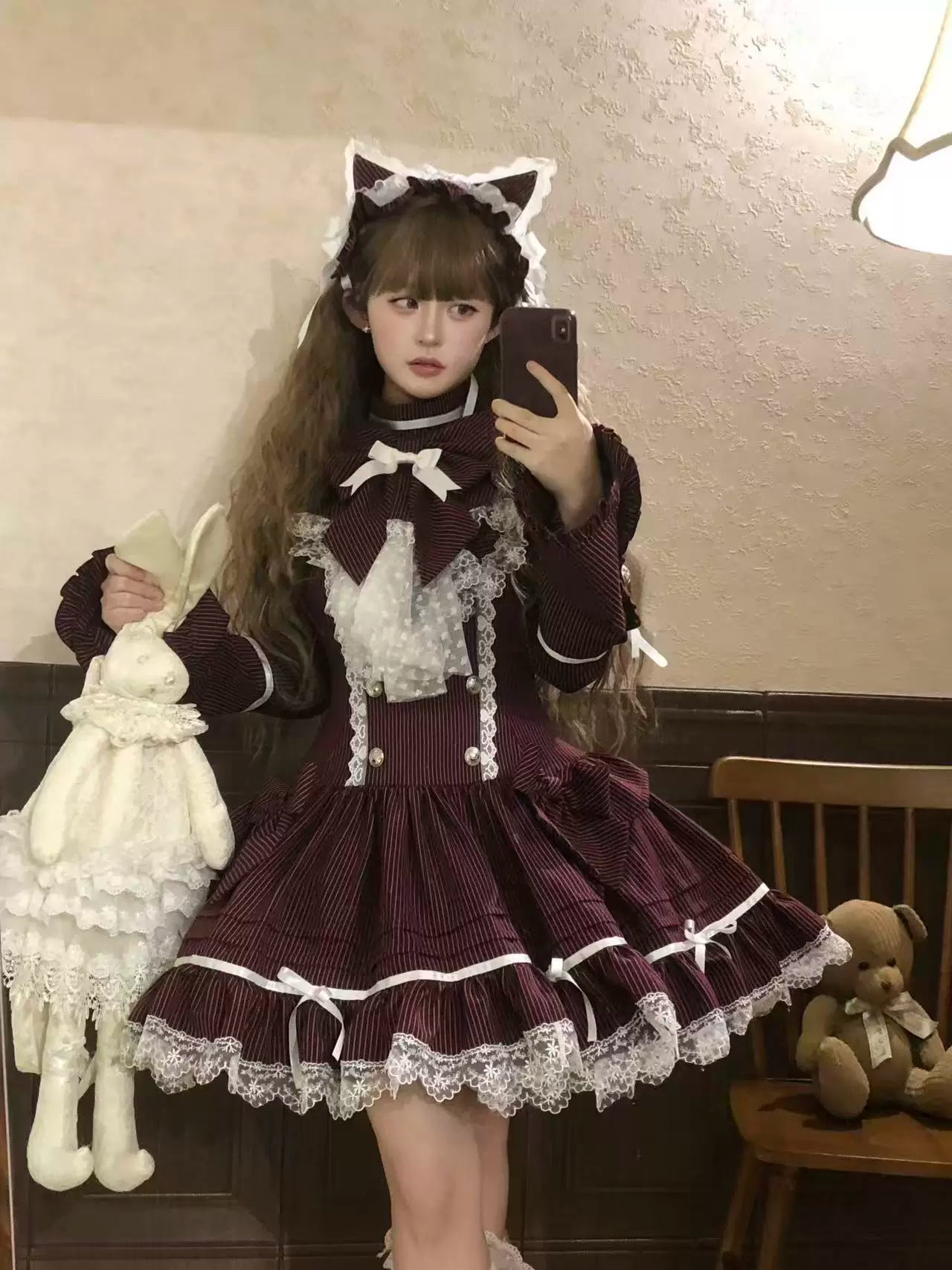 Phantom Kitty - Old School Lolita Low Waist OP Dress, Lace & Bow