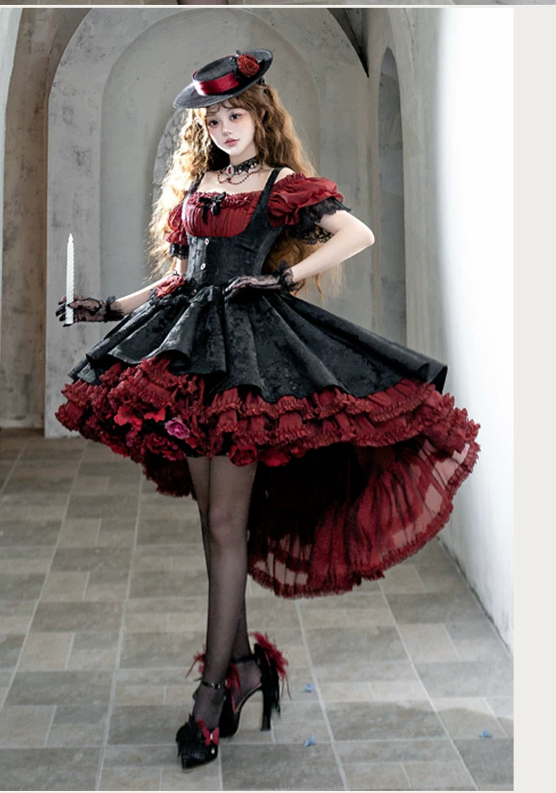 Rose Banquet - Gothic Lolita Boned Bust-supporting JSK Dress, High-low Hem 45815:863569