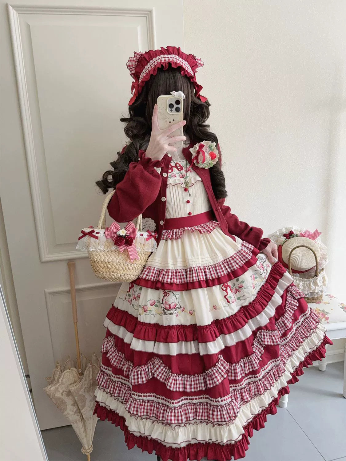 Hanguliang - Strawberry Basket - Country Lolita JSK Dress, Strawberry Embroidery 44283:802179