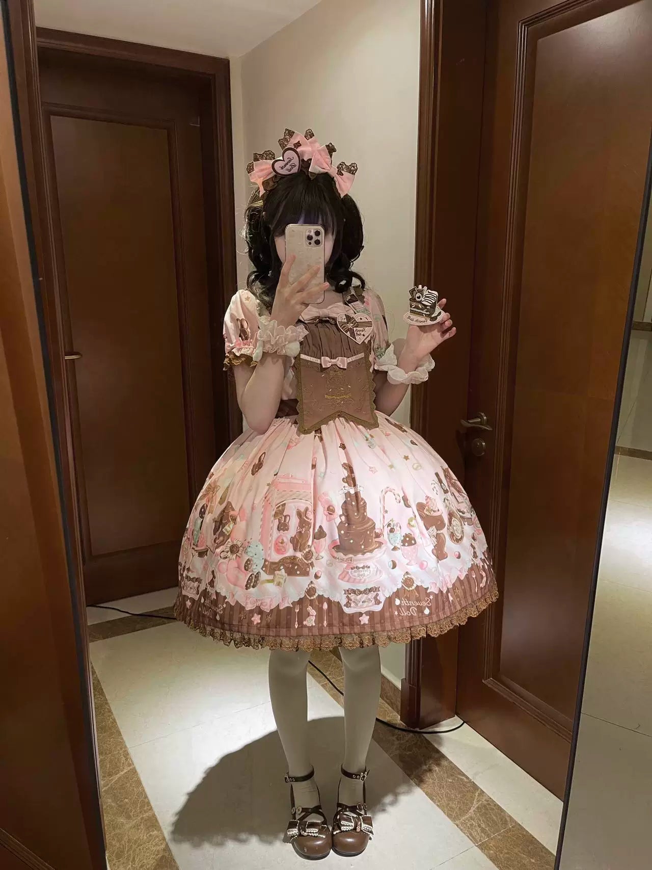 Chocolate Bunny - Printed Kawaii Lolita JSK, Short-sleeved Dress 44614:814875