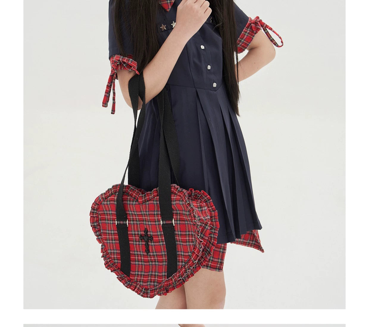 (BFM)Soso Meme Club~Vintage Lolita Heart Shaped Plaid Dot Print JK Uniform Bag 34908:471040