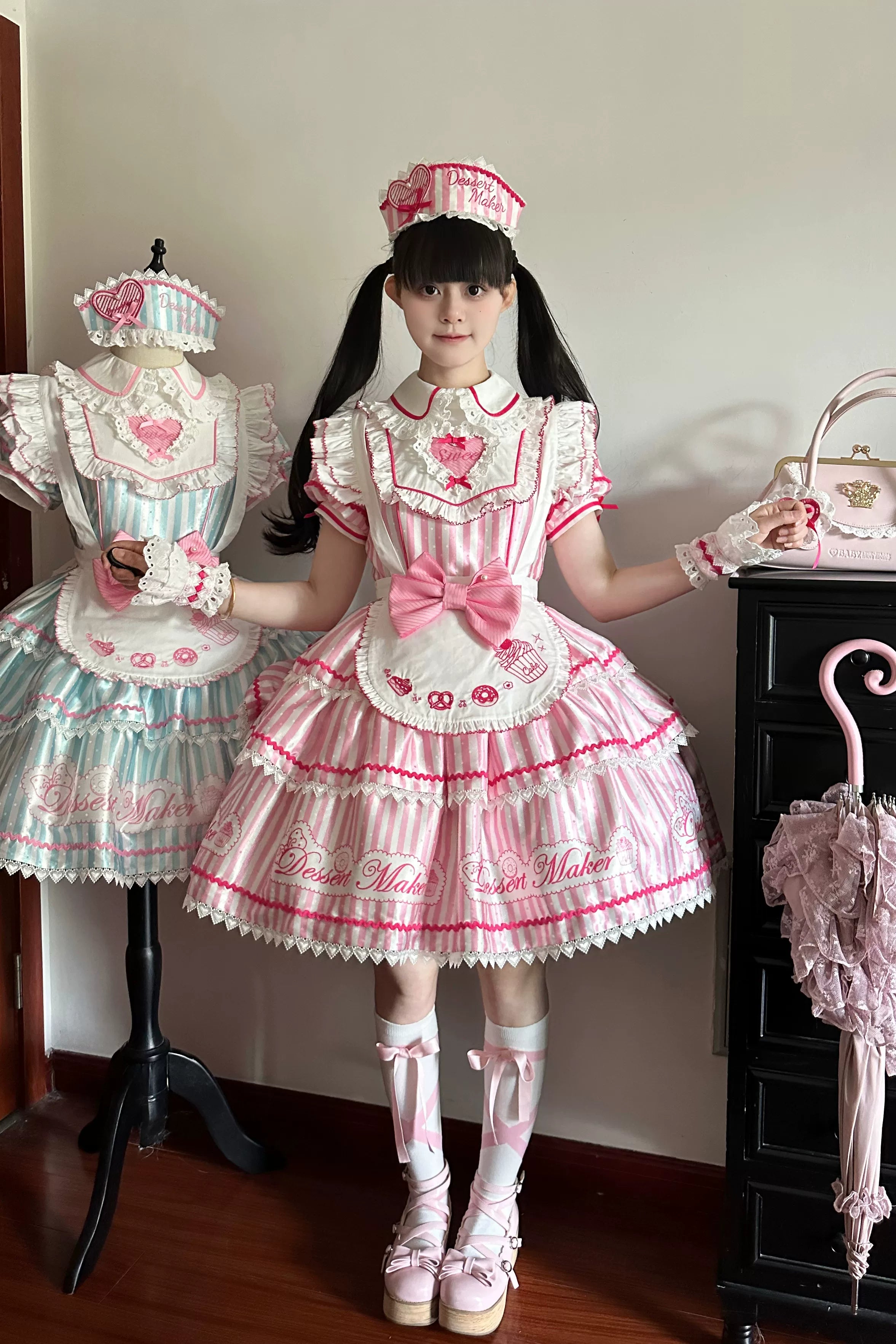 Sweet Butler - Maid Lolita Striped OP Dress, Embroidered Collar 45379:851063
