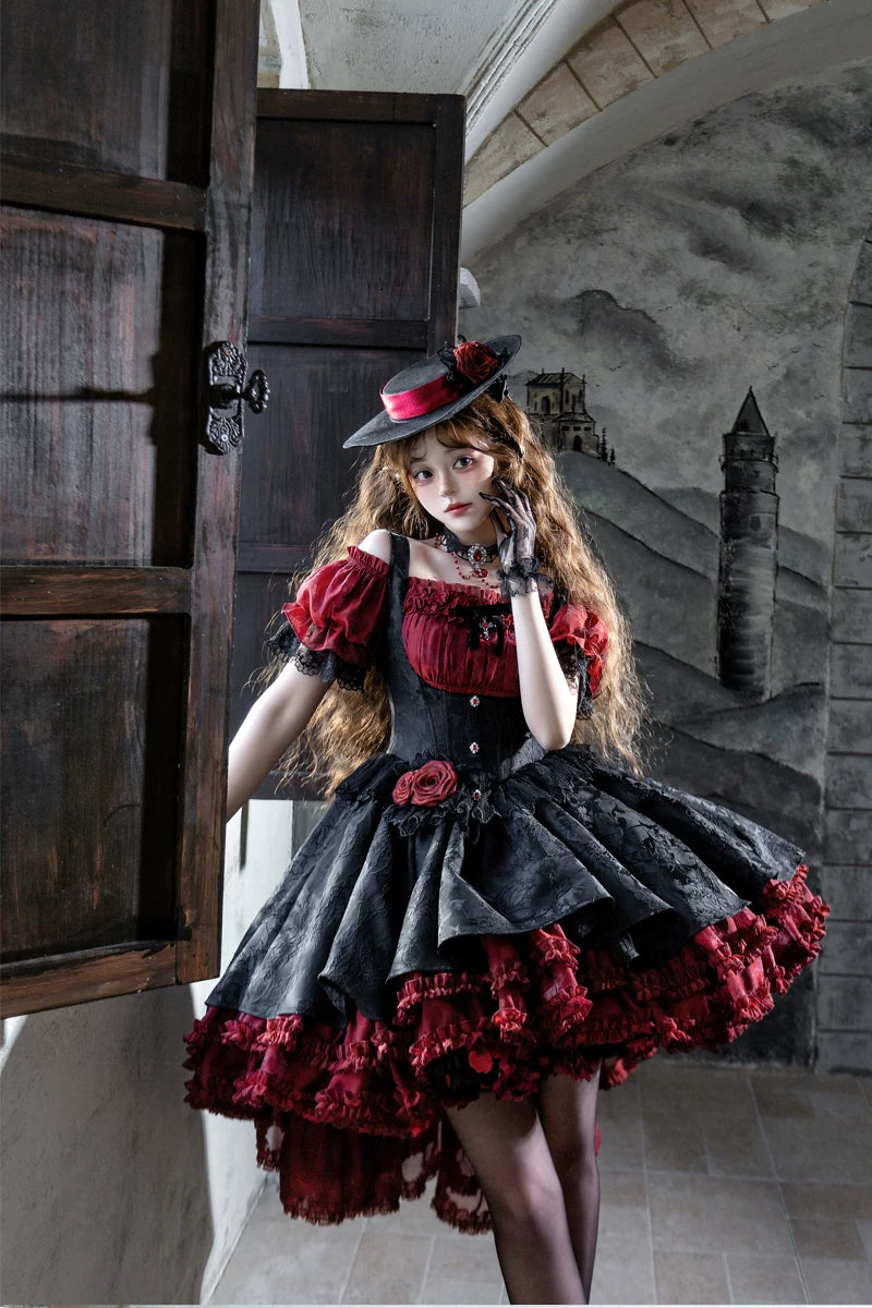 Rose Banquet - Gothic Lolita Boned Bust-supporting JSK Dress, High-low Hem (L M S XL) 45815:863566