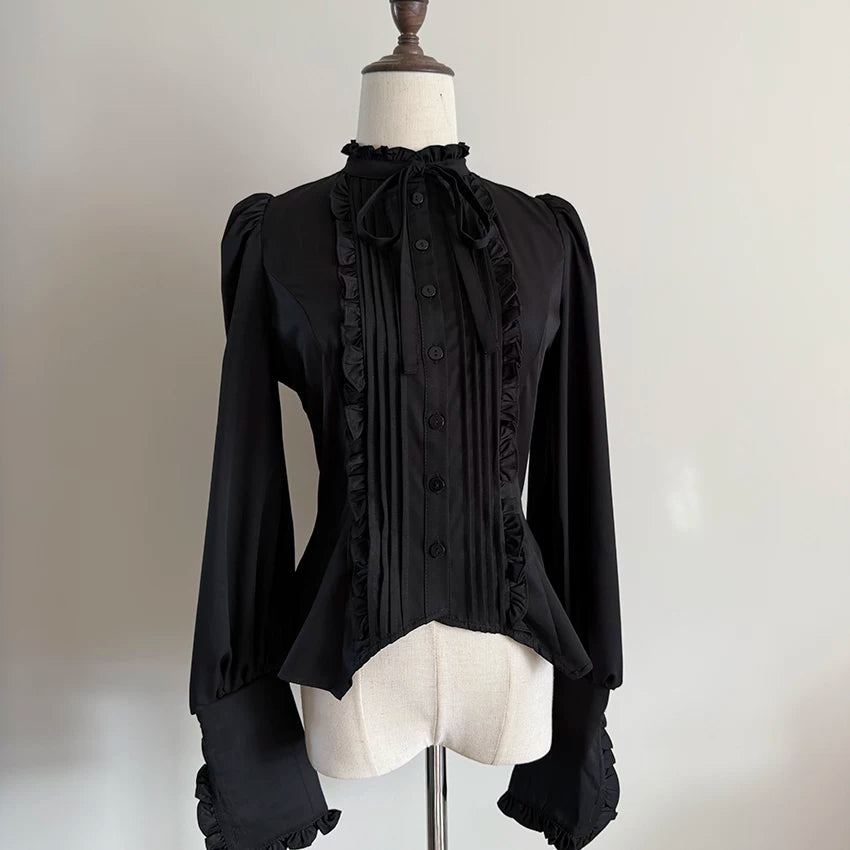 Misty Night Bell - Gothic Lolita Long Sleeve Blouse, Pintuck Placket Black Blouse Only S