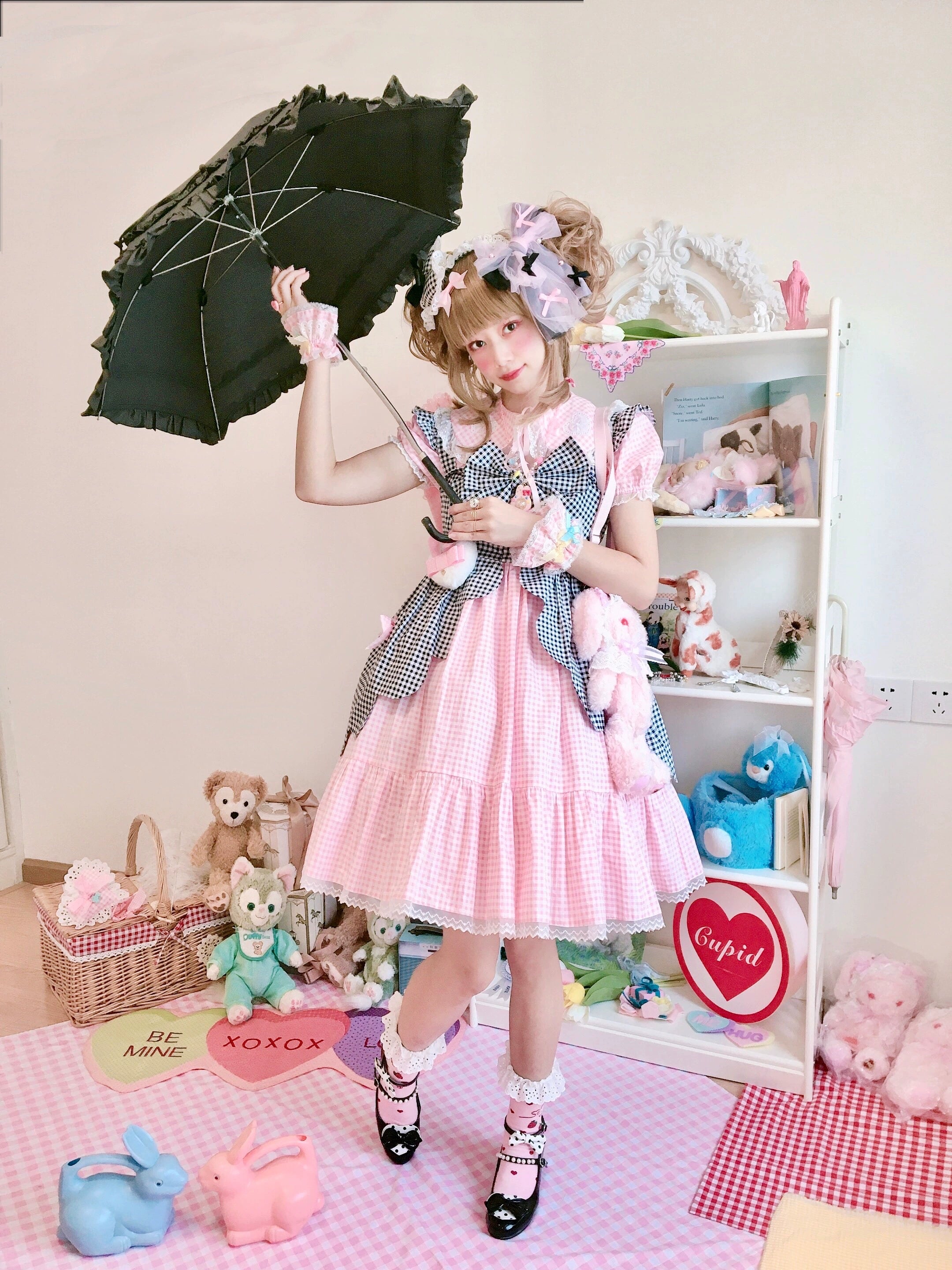 Fluff Mollie - Bean Breakfast - Sweet Lolita Overskirt Daily Daily Petaled Skirt 1.0 Black Grid