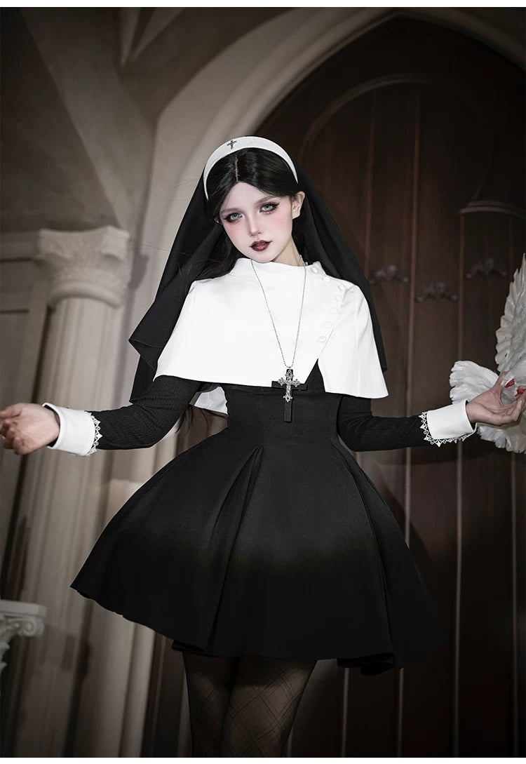 Nihil - Gothic Nun Lolita OP Dress, Irregular Hem Cape 44717:819743