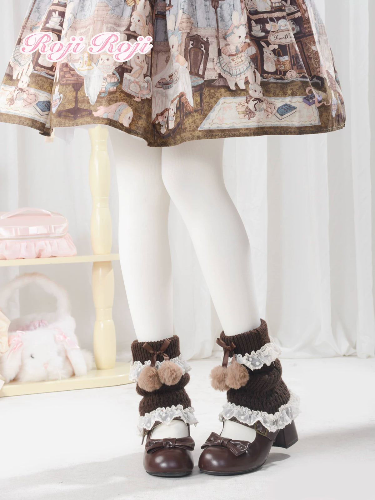 Autumn and Winter Sweet Lolita Leg Warmers, Lace Ruffle & Bow Brown