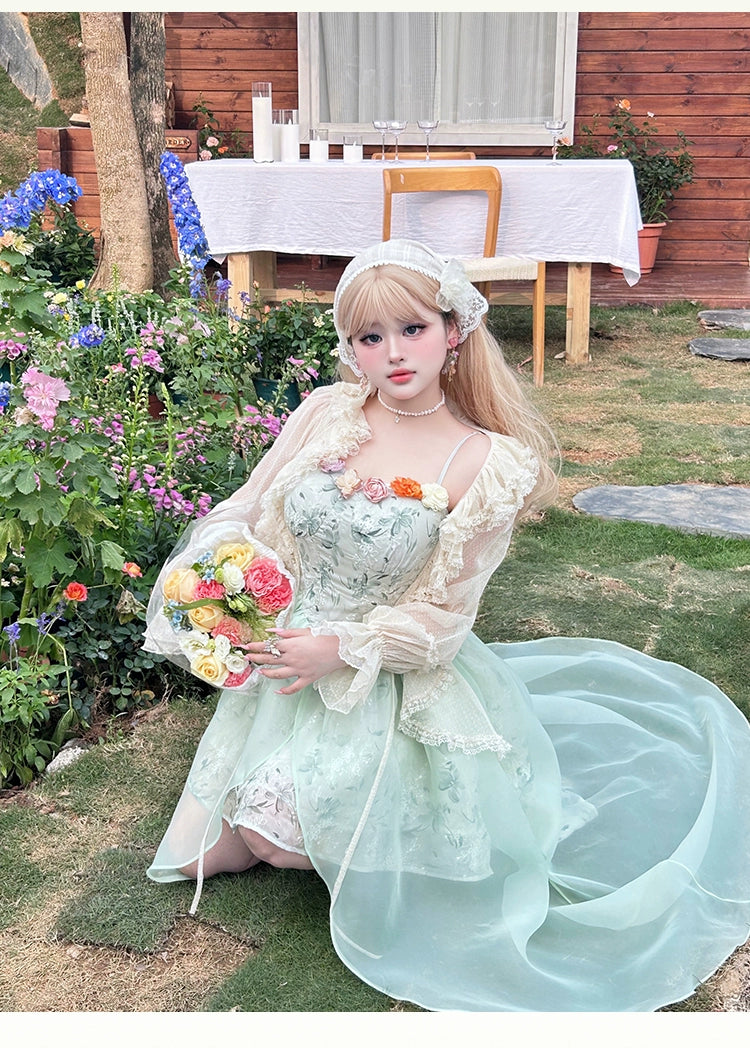 Yingtang - Plus Size Lolita JSK Dress Green Floral Lolita Dress Caidigan Set