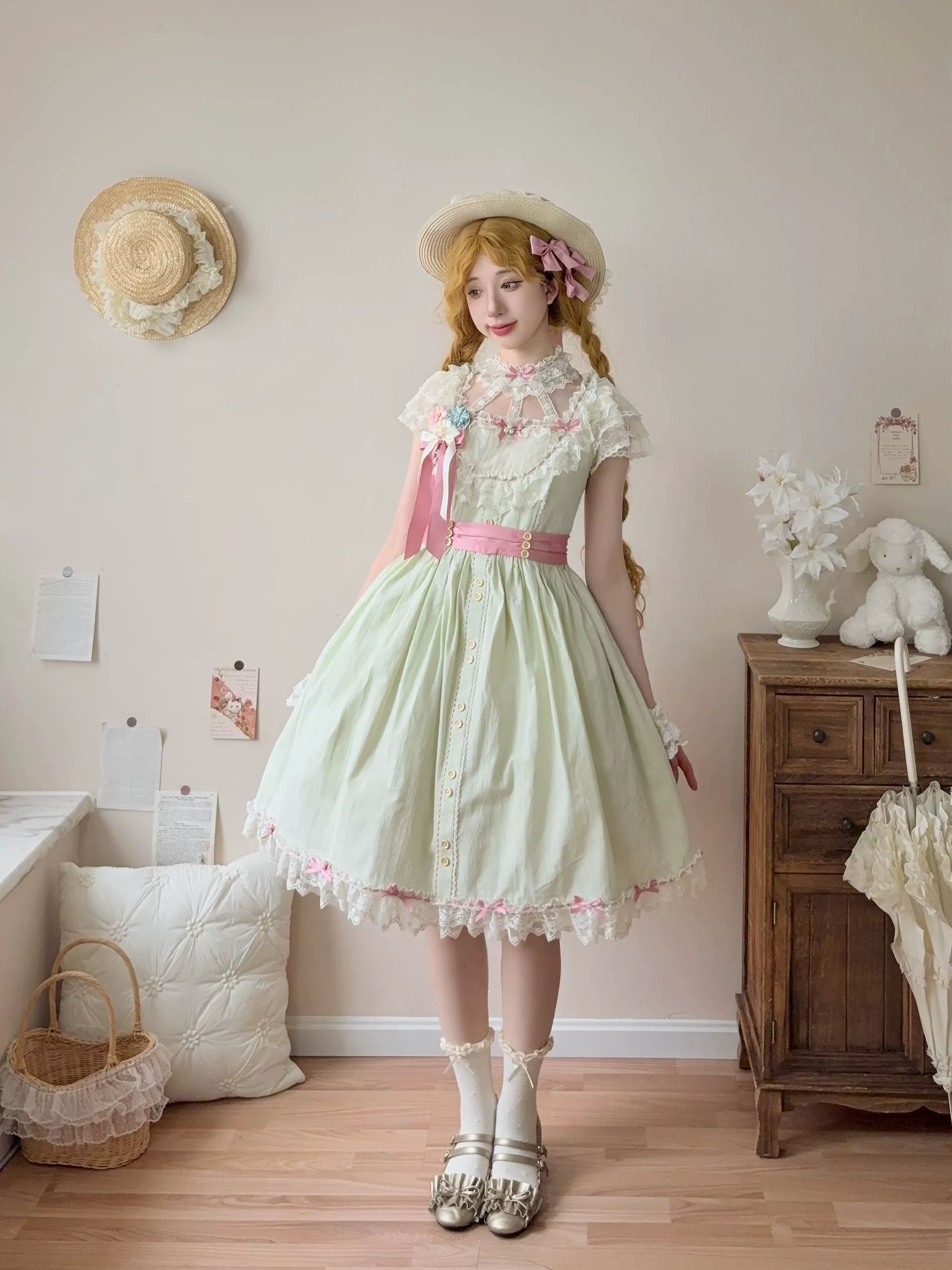 Fluttering Cherry Spring Strings - Cotton Sweet Lolita JSK Dress Short - Light Green - JSK Only (dress+waist tie) S