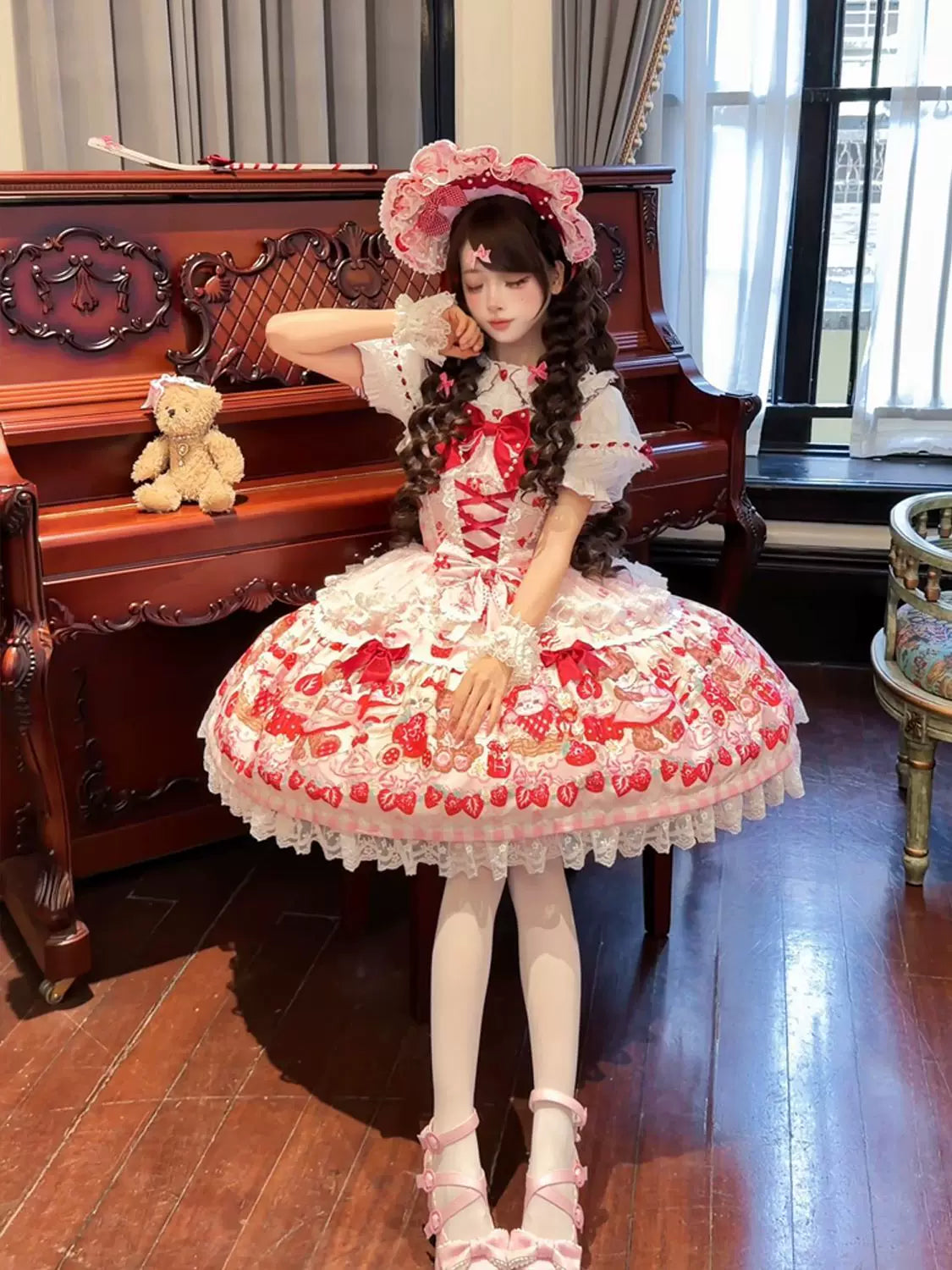 SweetBerry Bunny Bear - Sweet Lolita Tiered Lace JSK Dress, Strawberry and Bear Print