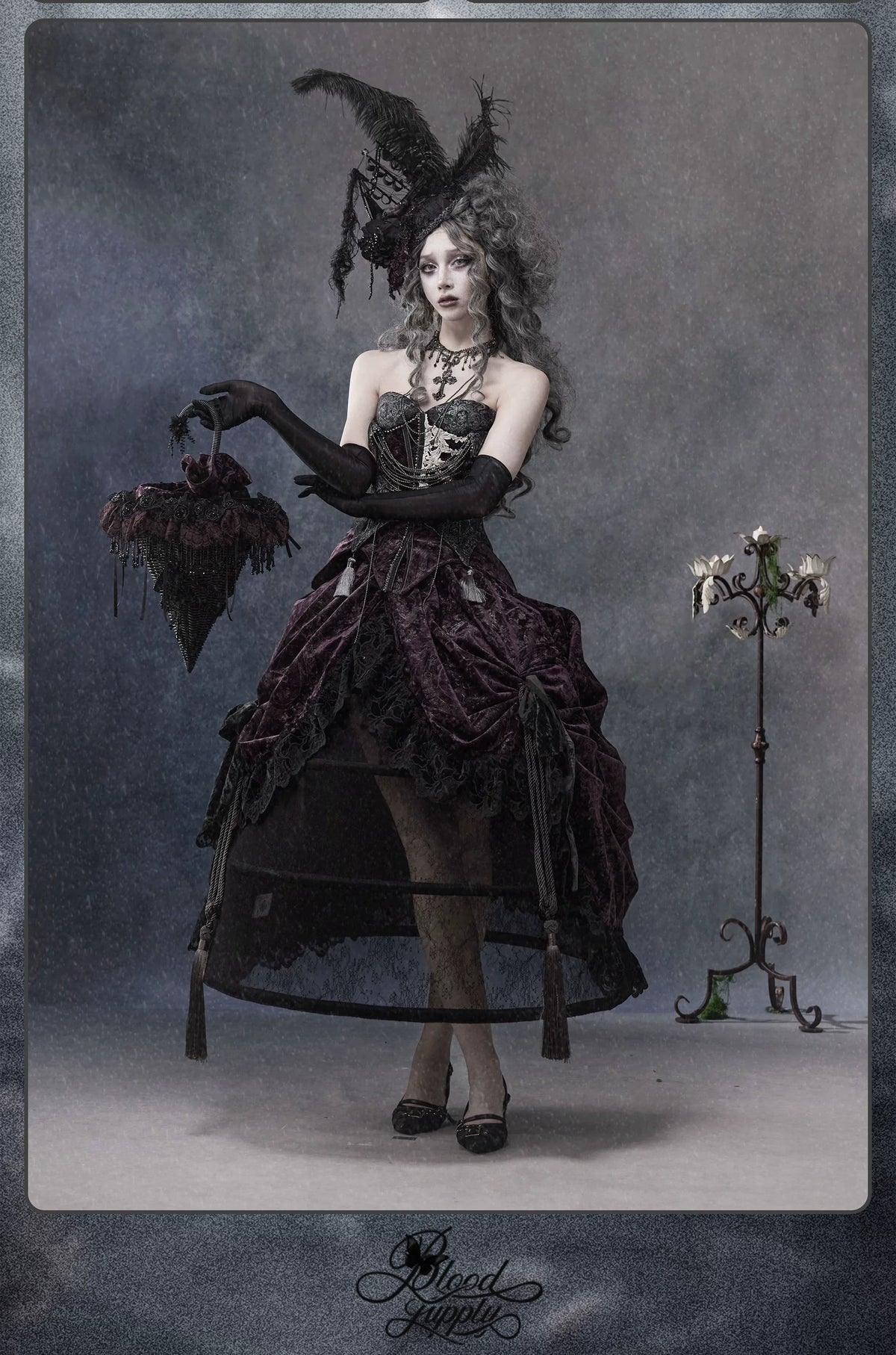 Undead's Gift - Halloween Gothic Lolita Draped Panel Skirt Set, 3D floral lace