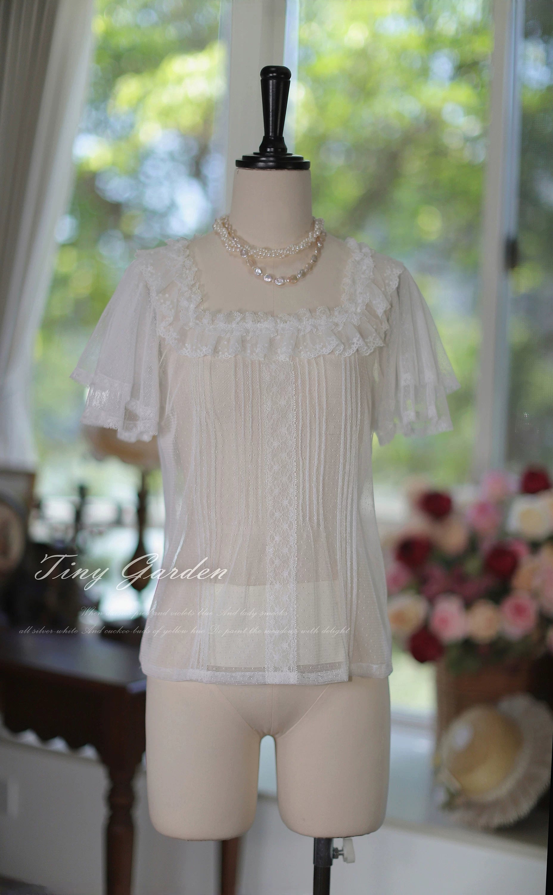 Classic Lolita Square Neck Polka-dot Tulle Blouse White (unlined) S Pre-order