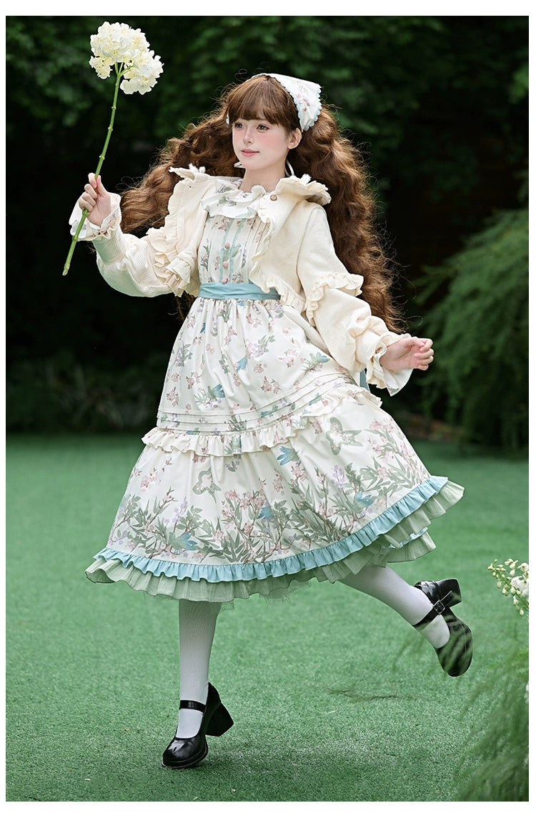 With PUJI - Oriole Time - Country Lolita JSK and OP Dress, Floral and Bird Print 44048:794536