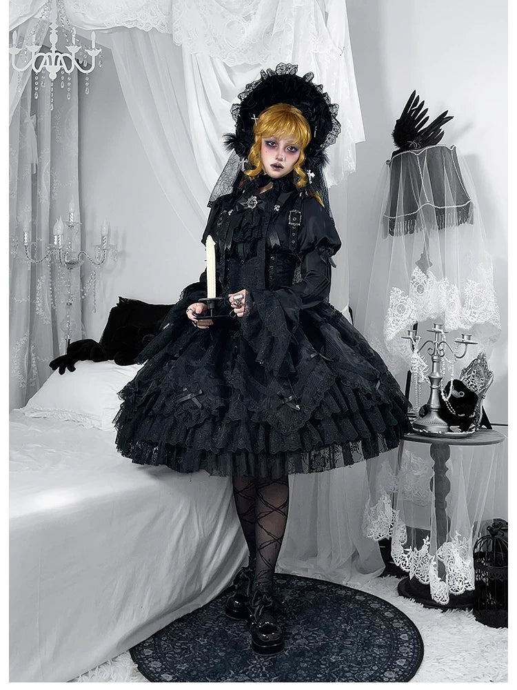 Dark Fog Feast - Gothic Lolita Bust-support Strap Dress, Lace & Cross 45256:842517