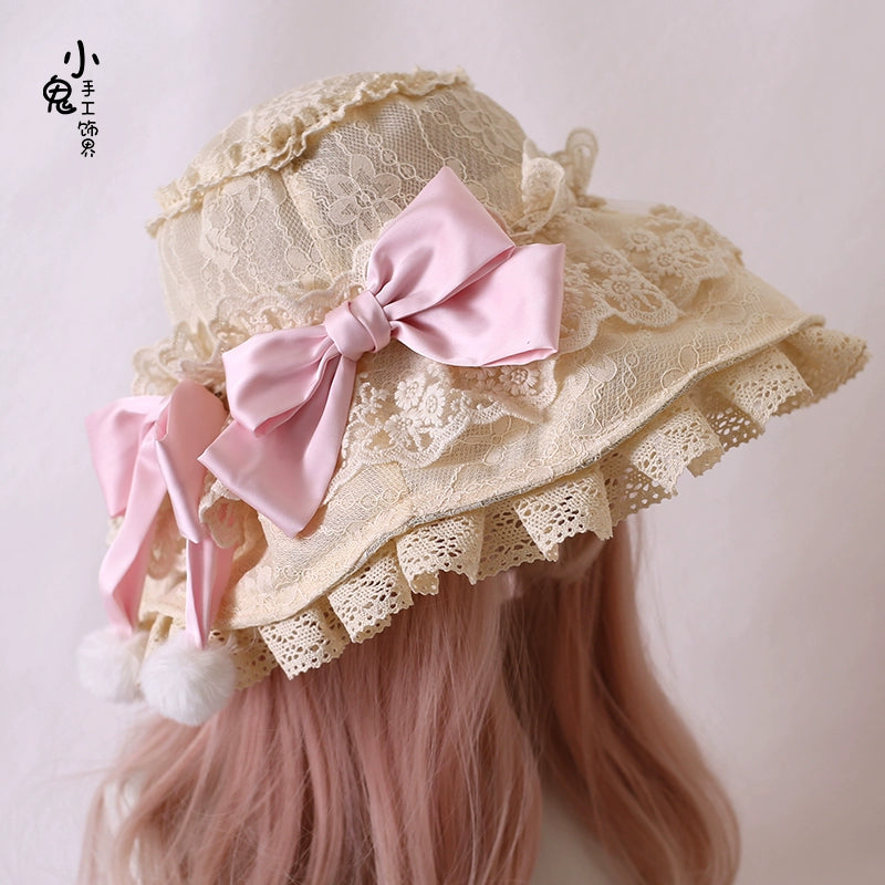 Xiaogui - Retro Lolita Hat Lace Handmade Doll Hat with Multicolor Bows One Size beige hat with light pink bow