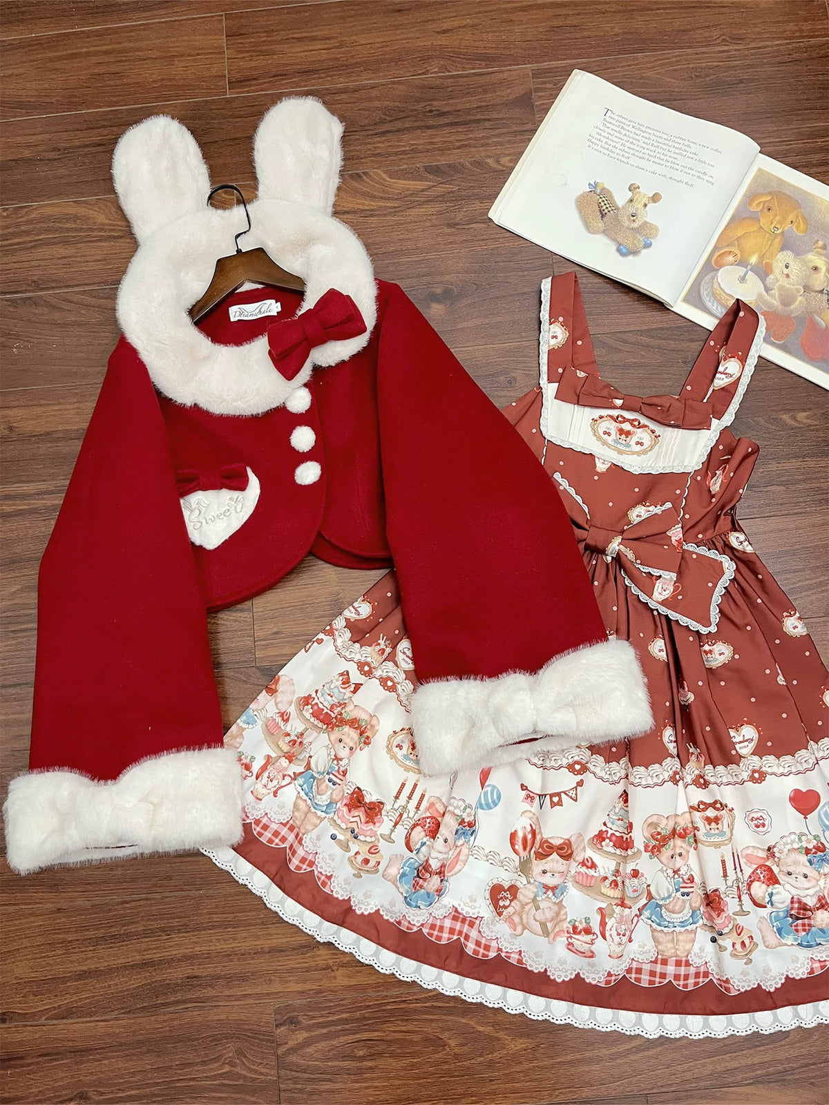 Rabbit Heart Knot - Sweet Lolita Winter Short Coat, Detachable Bunny-Ear Collar 45891:866917