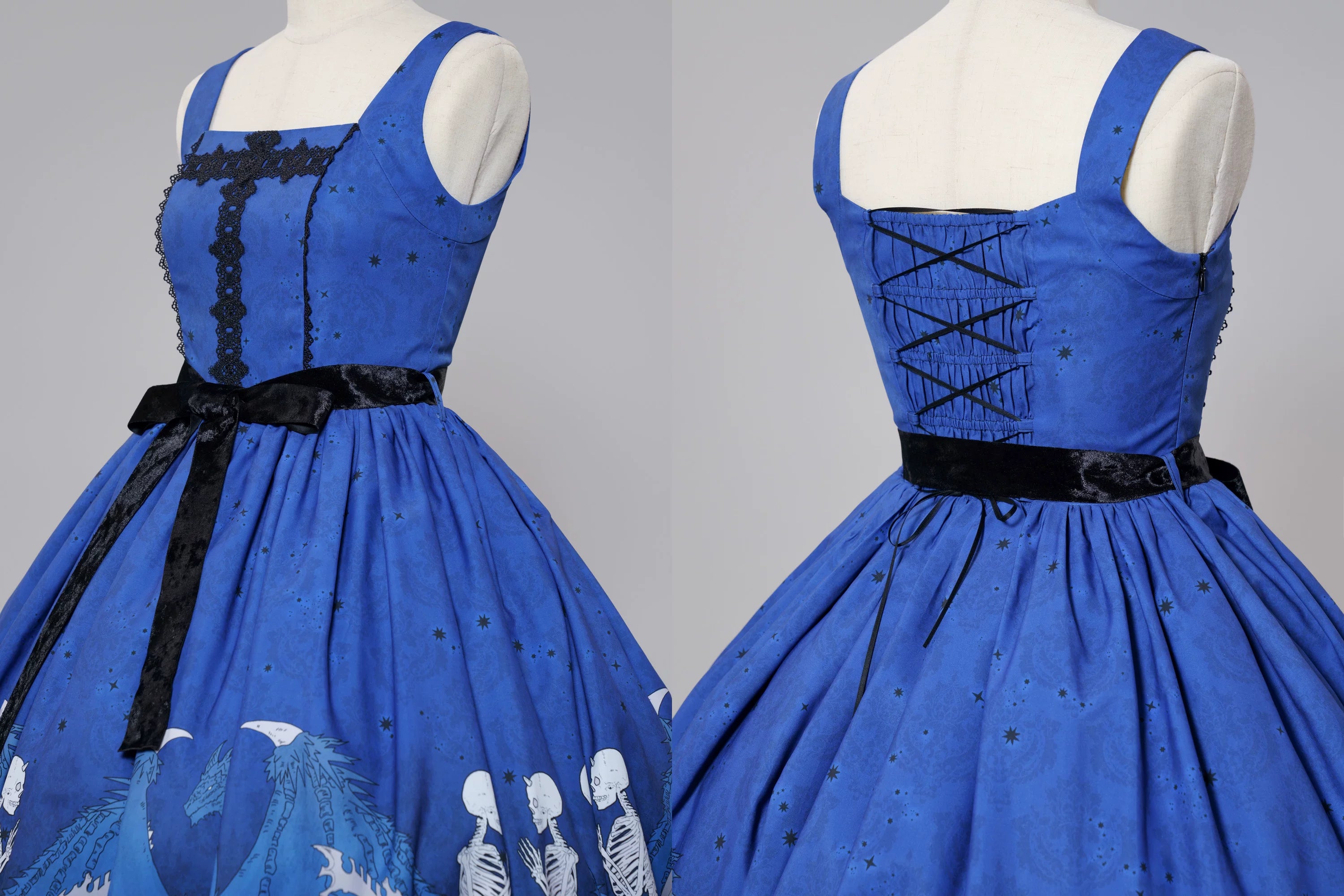 Dragon Bone Lily - Vintage Gothic Lolita Dragon & Skeleton Print JSK Dress