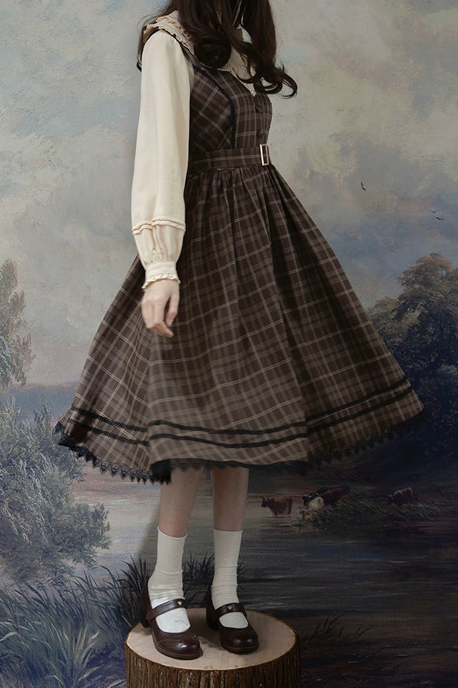 Forest Song - Grena's Poems V-Neck Plaid Jumper Dress