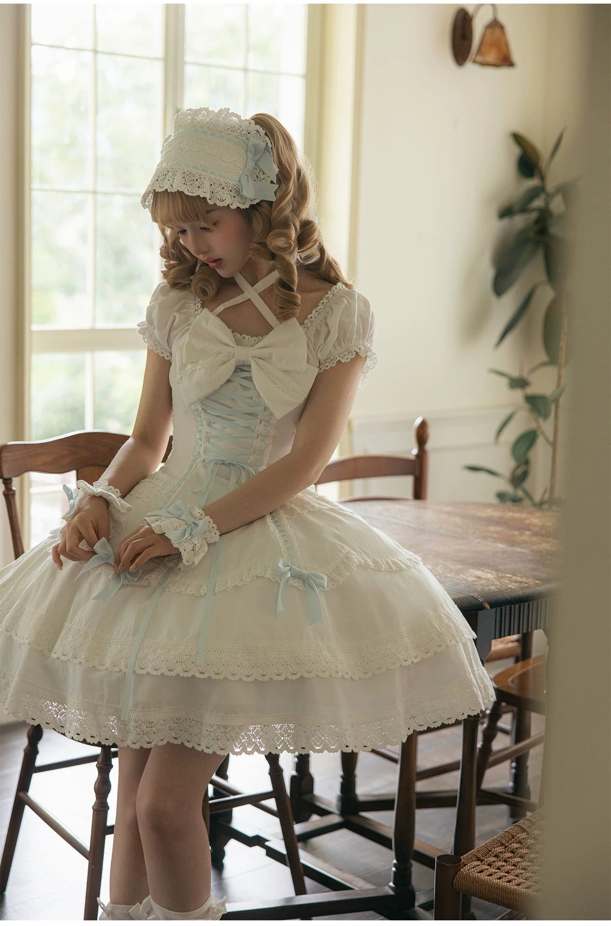 Showa Sweetheart - Old School Lolita OP Dress, Ruffled Lace Hem 45887:866765