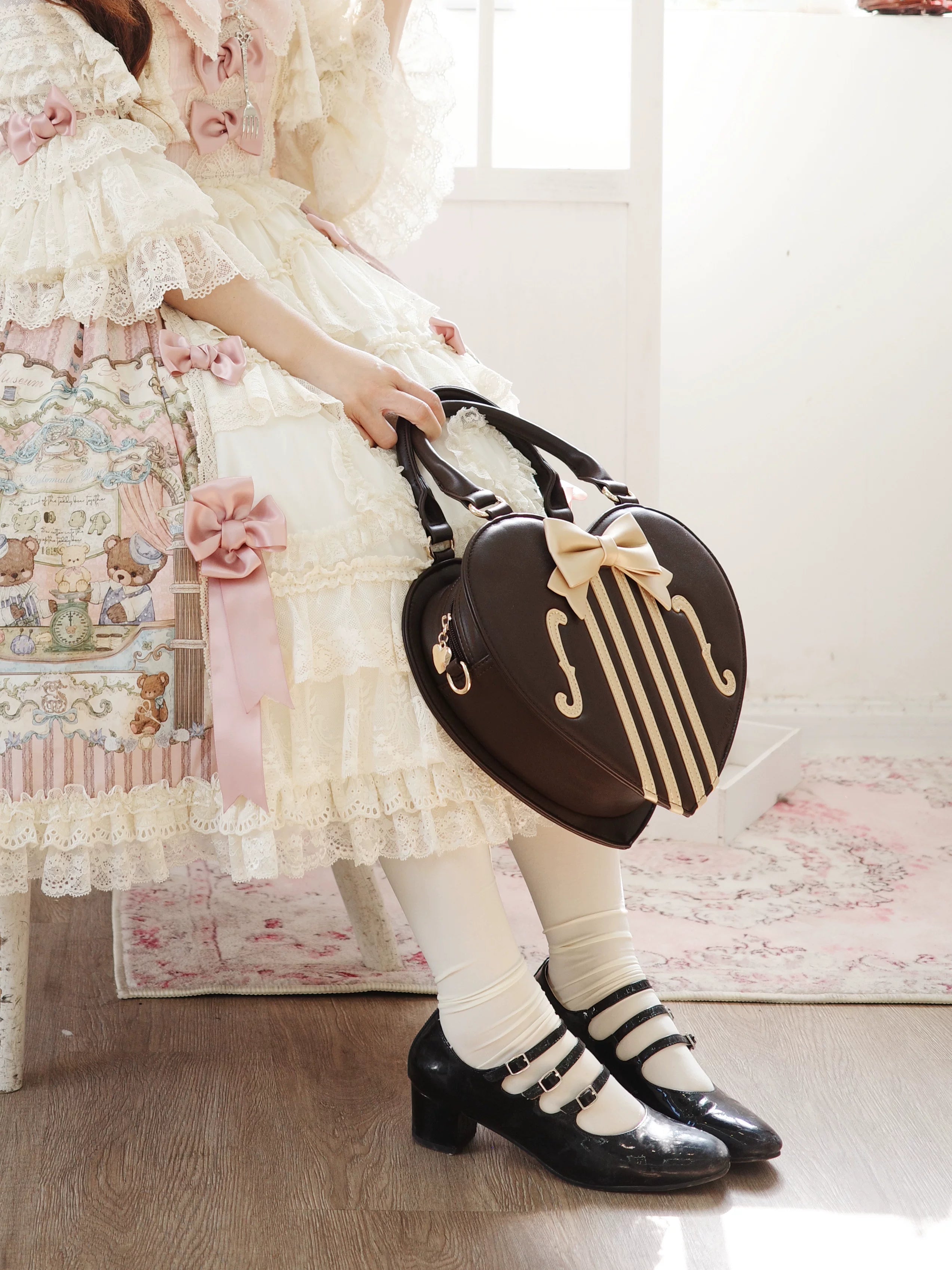 Heart of Violin - PU Classic Lolita Heart Shaped Bag, Violin and Bow Detail 45630:856471