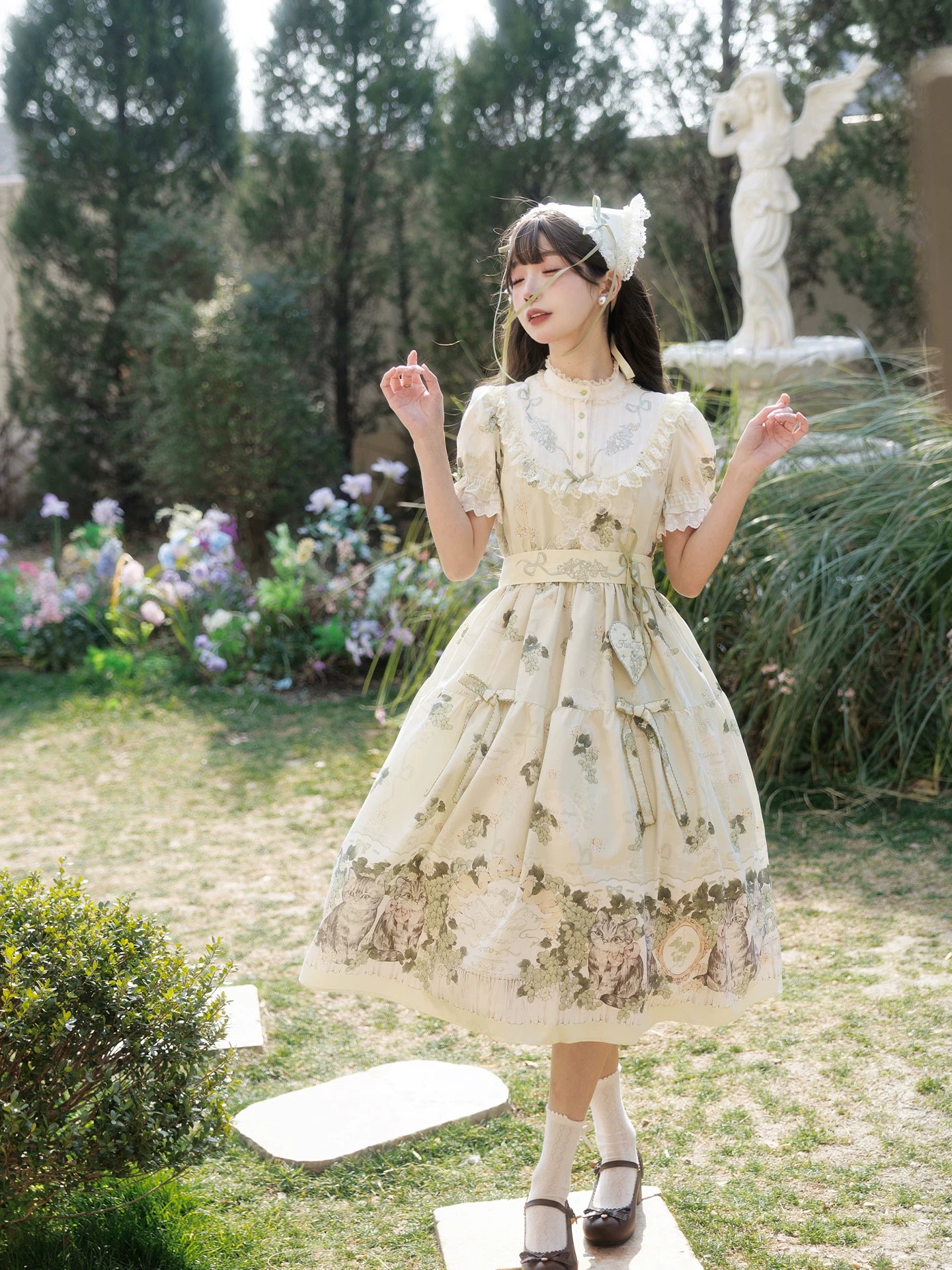 Grape Garden Cat - Classic Lolita Printed JSK Dress, Short Sleeve OP