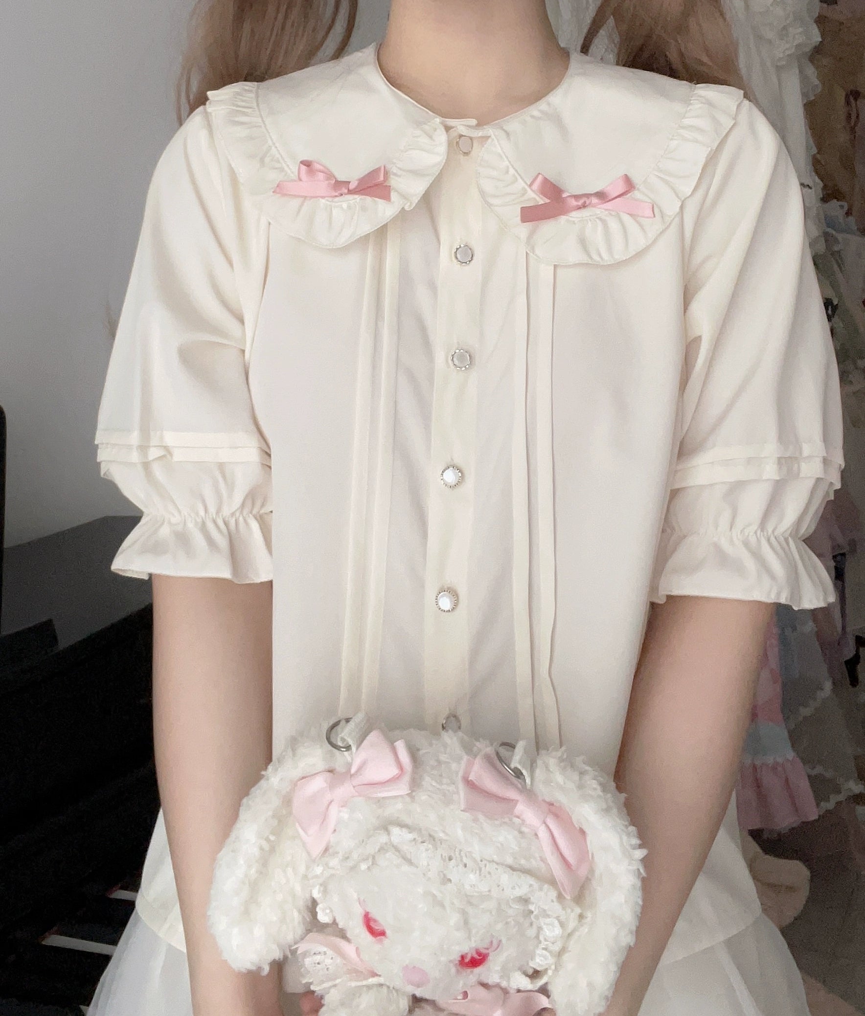 Sugar Girl - Sweet Layered Cake - Sweet Lolita JSK with Detachable Apron Chiffon apricot shirt with pink bow Only S