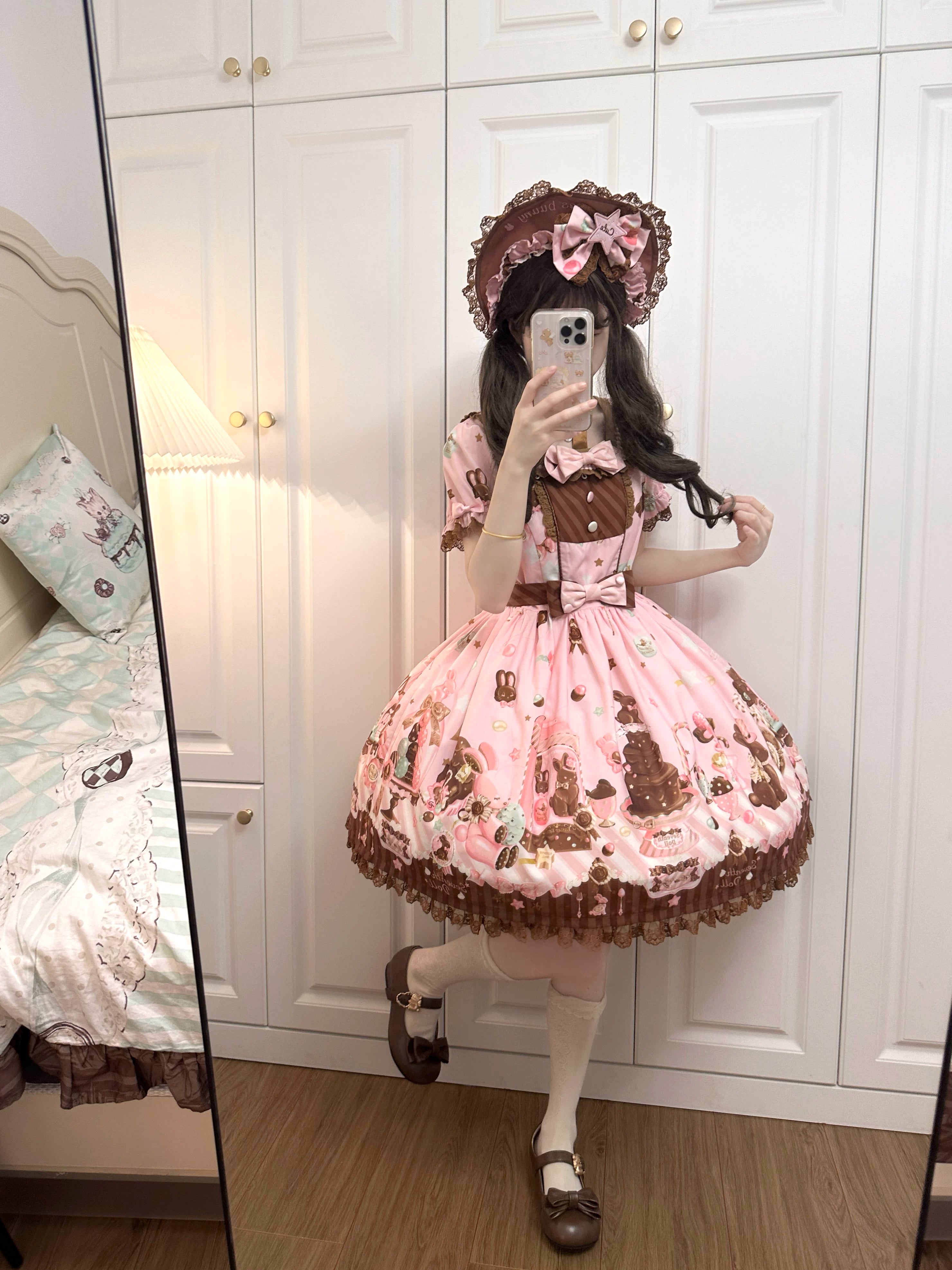 Chocolate Bunny - Printed Kawaii Lolita JSK, Short-sleeved Dress
