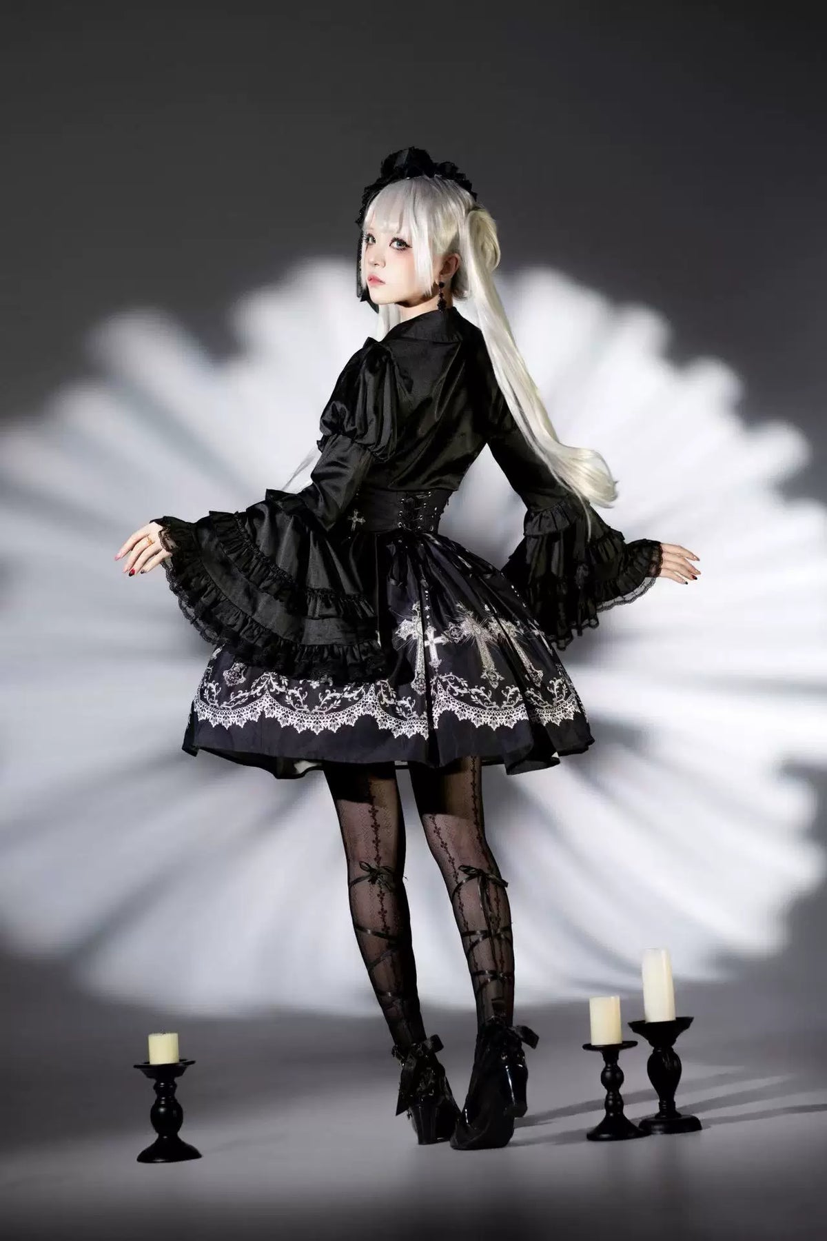 Star Remains Prayer - Elegant Gothic Lolita JSK & OP Dress Set, Cross & Moon Prints 46014:872450