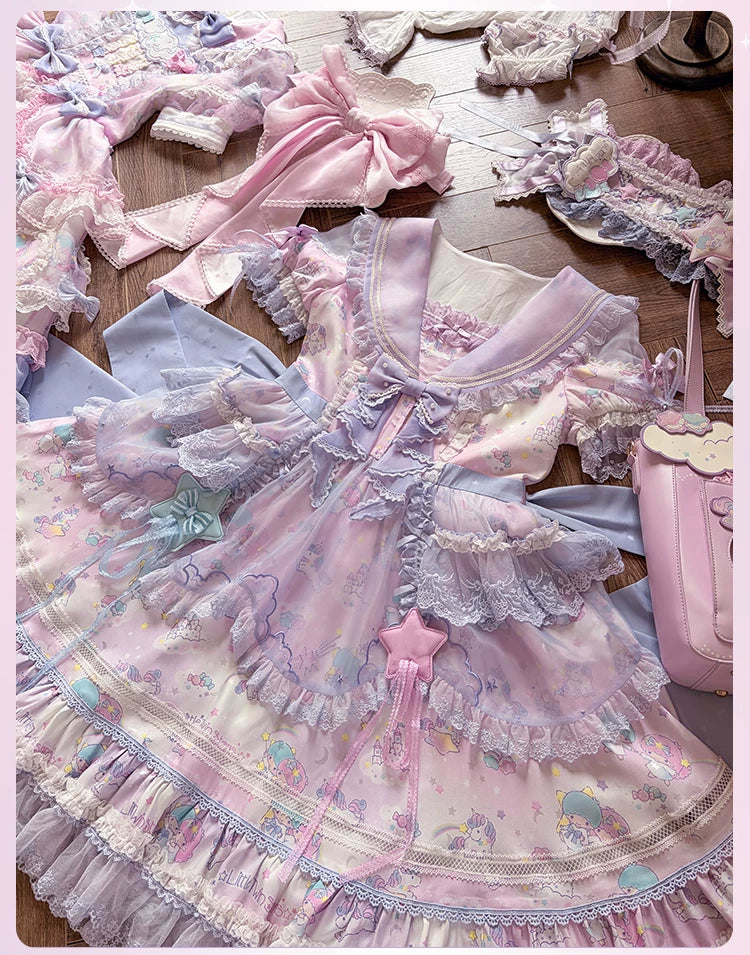 Little Twin Stars - Cotton Lining Sweet Lolita Dress Set, Unicorn and Star Print 45655:857282