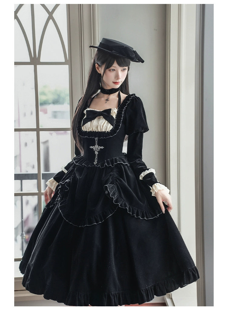 With PUJI - Apocalypse - Gothic Lolita Velvet OP Dress Set, Fishbone Waist 44128:797117
