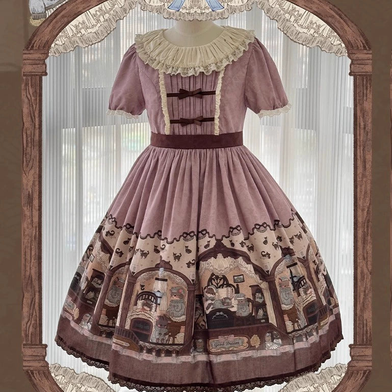 Sweet Dream Sheep - Vintage Bear - Printed Sweet Lolita Dress, Zipper Clousure (L M S XL) 43709:784123