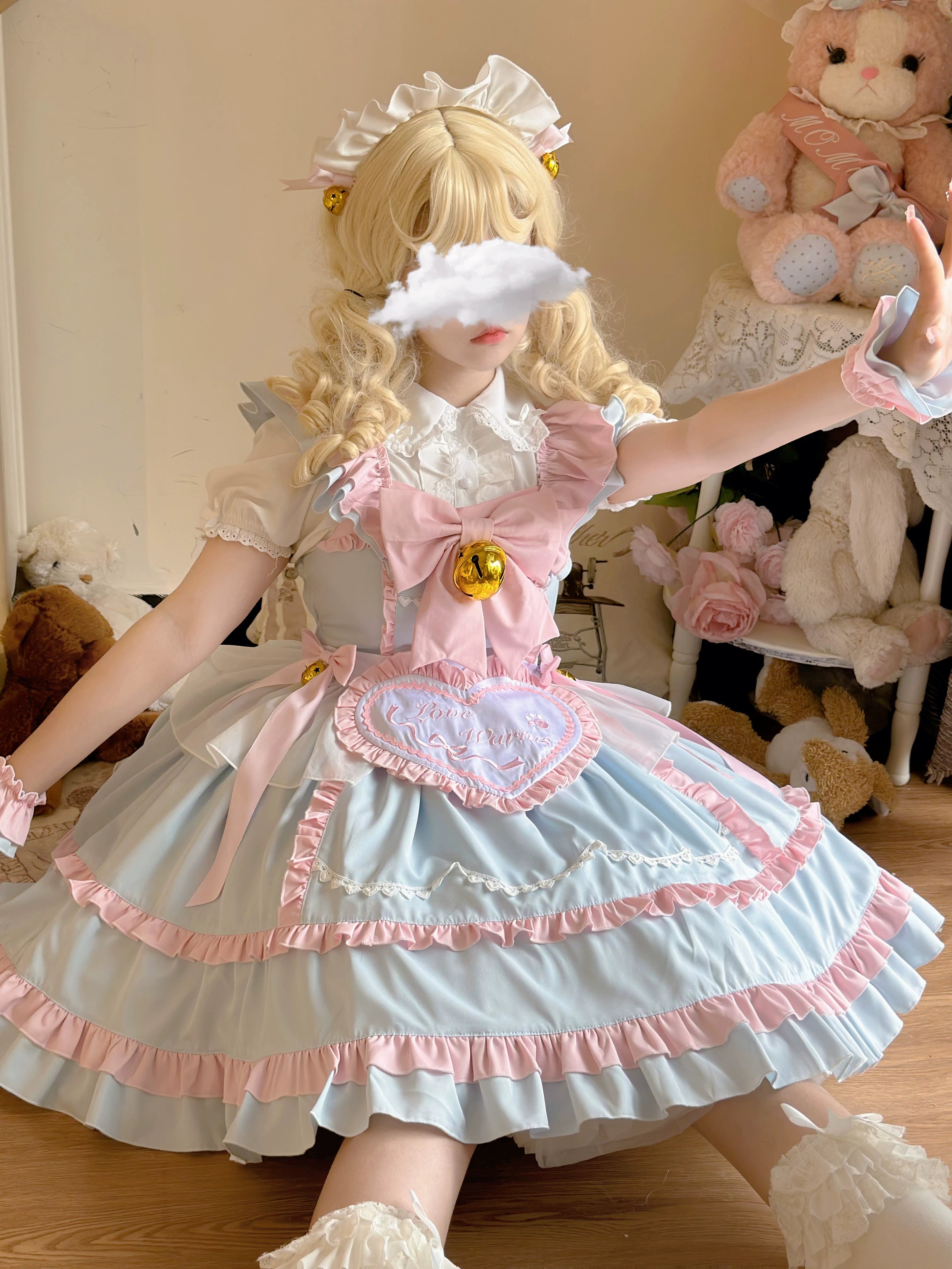 Sweetheart Chef - Sweet Lolita JSK Dress, Bell & Detachable Heart-shaped Apron Blue JSK + Apron + A Pair of cuffs S