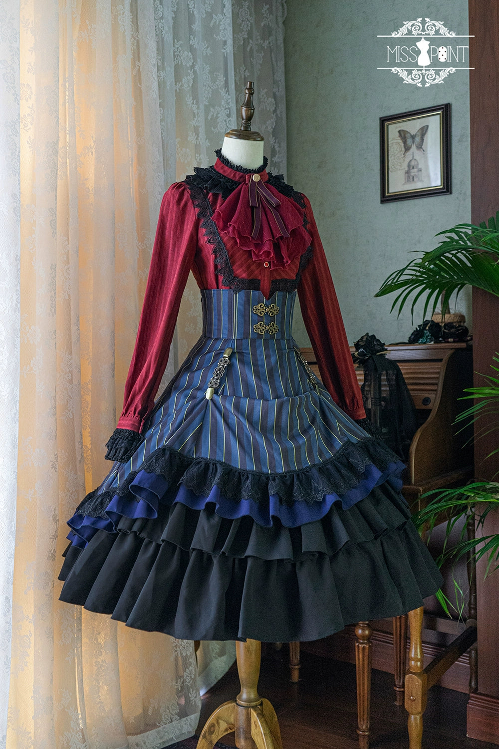 (Buyforme)Miss Point~Customized Lolita Elegant Striped High Waisted Fishbone SK 21544:312684