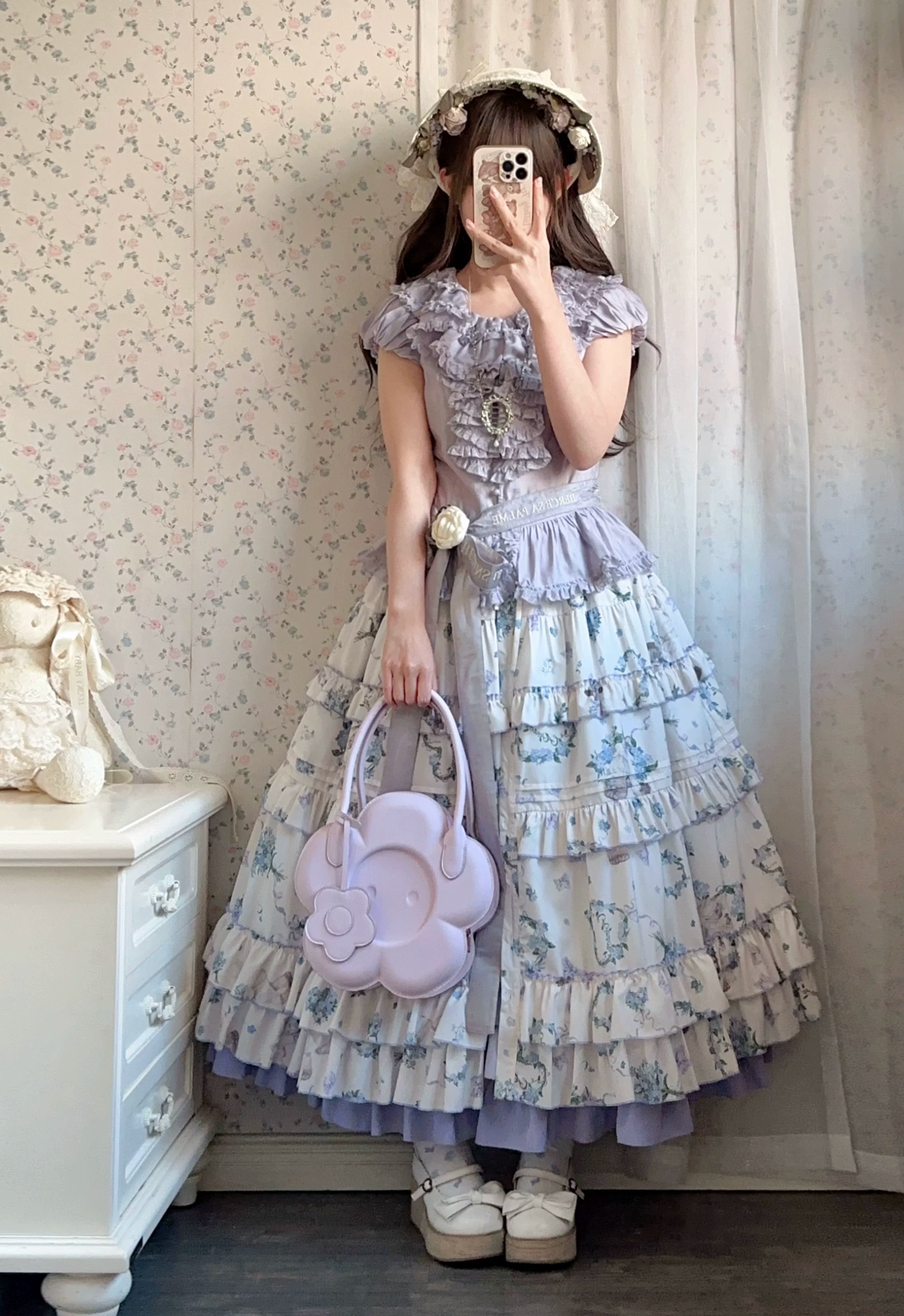 Meow Wreath - Classic Lolita Button Closure JSK Dress, Cat and Wreath Print