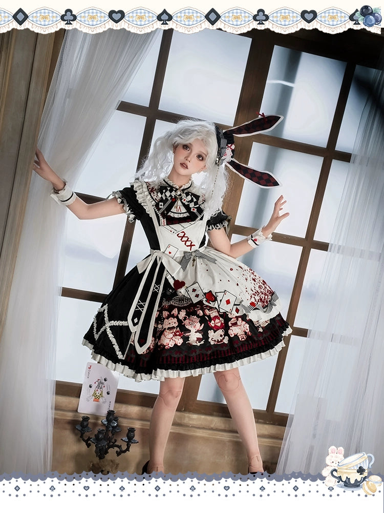 YingLuoFu - Alice - Kawaii Lolita OP Dress, Rabbit & Playing Card Motifs Black and red OP (with apron) S