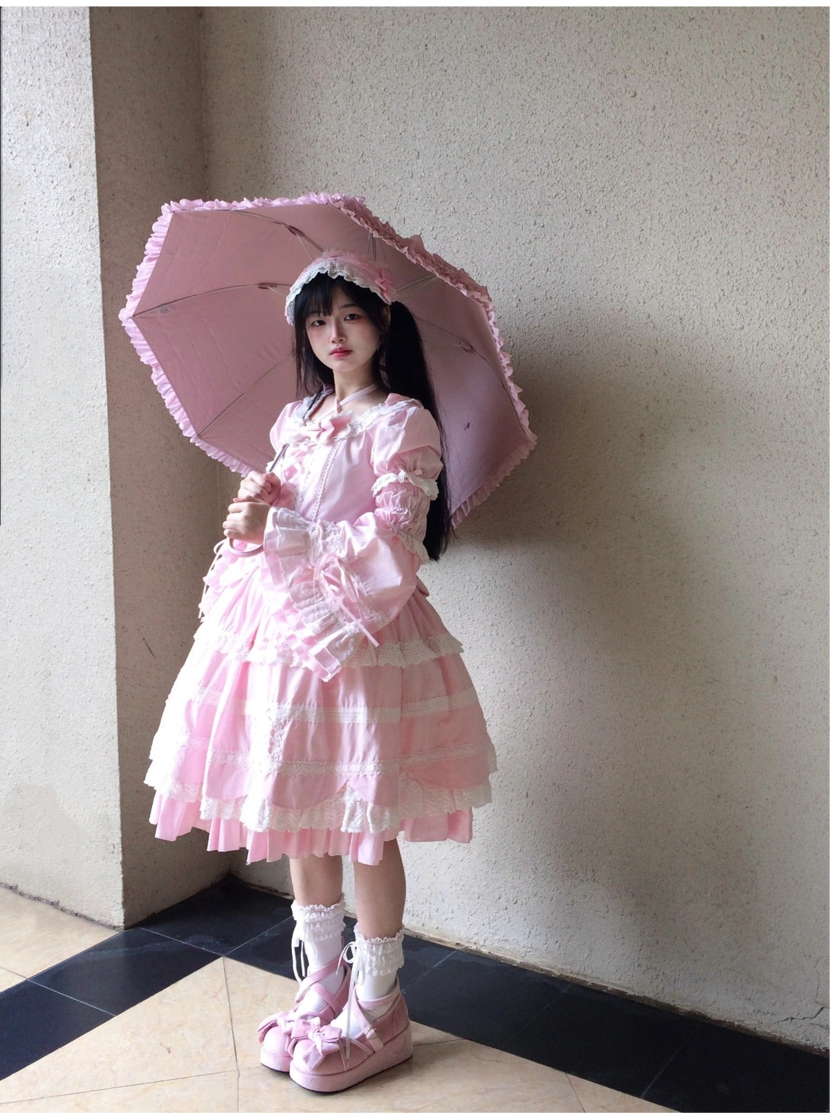 AerialCat~Cream Petals~Old School Lolita OP Tiered Ruffles Cotton Dress 42762:752765