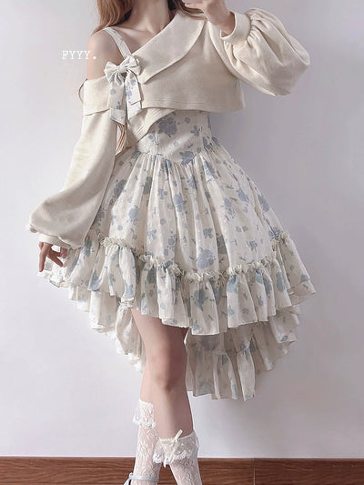 KuMa Lolita～Twilight Rose~Sweet Lolita Dress Sweater and JSK S blue long dress+white sweater 