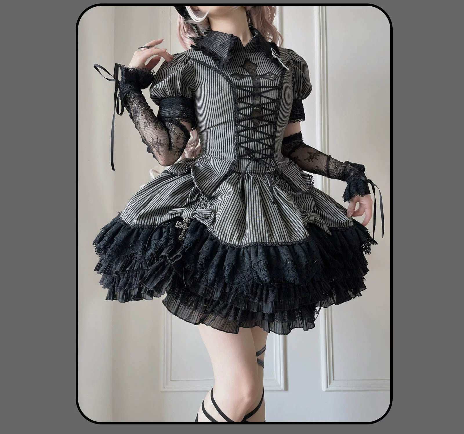 Susin Lolita - Striped Cross - Gothic Coordinated Lolita Set, Adjustable Blouse & Skirt 43331:773935