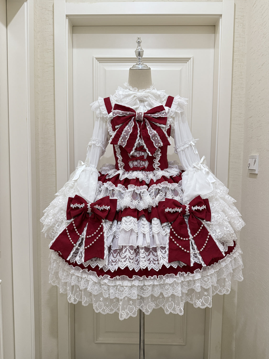 Hanguliang - Cross Heart Knot - Sweet Lolita JSK Suit Tiered Ruffles Dress with Lace Blouse Burgundy JSK Only S