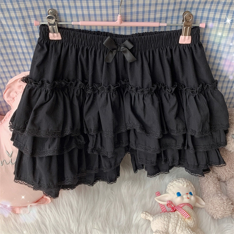 Sugar Girl~Cotton Lolita Bloomer Loose Ruffled Hem Petticoat Multicolors black free size 