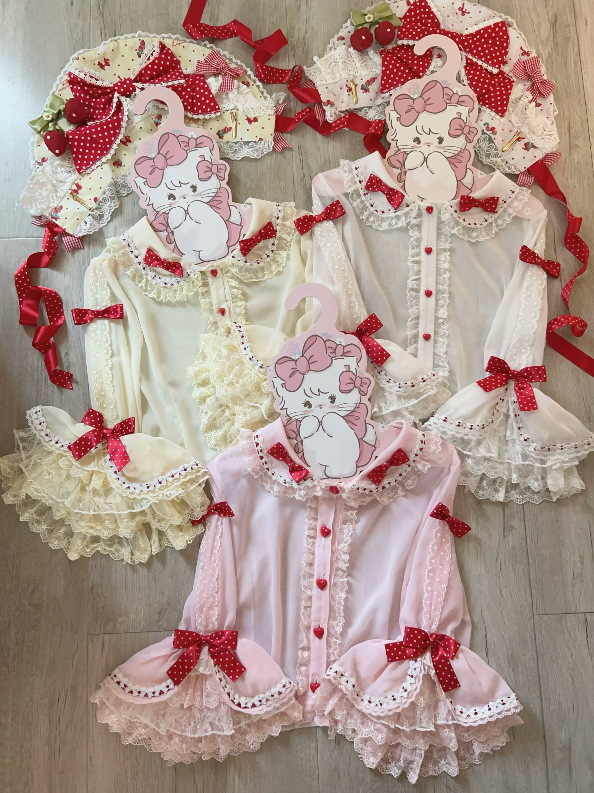 Strawberry Plaid Bunny - Printed Sweet Lolita JSK Dress, Hime Sleeve Blouse Pink One Size Blouse Only