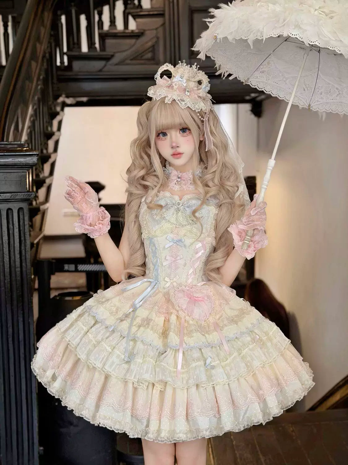 Cloud Whale Dream - Sweet Lolita Corset JSK Dress, Tiered Hem & Bows